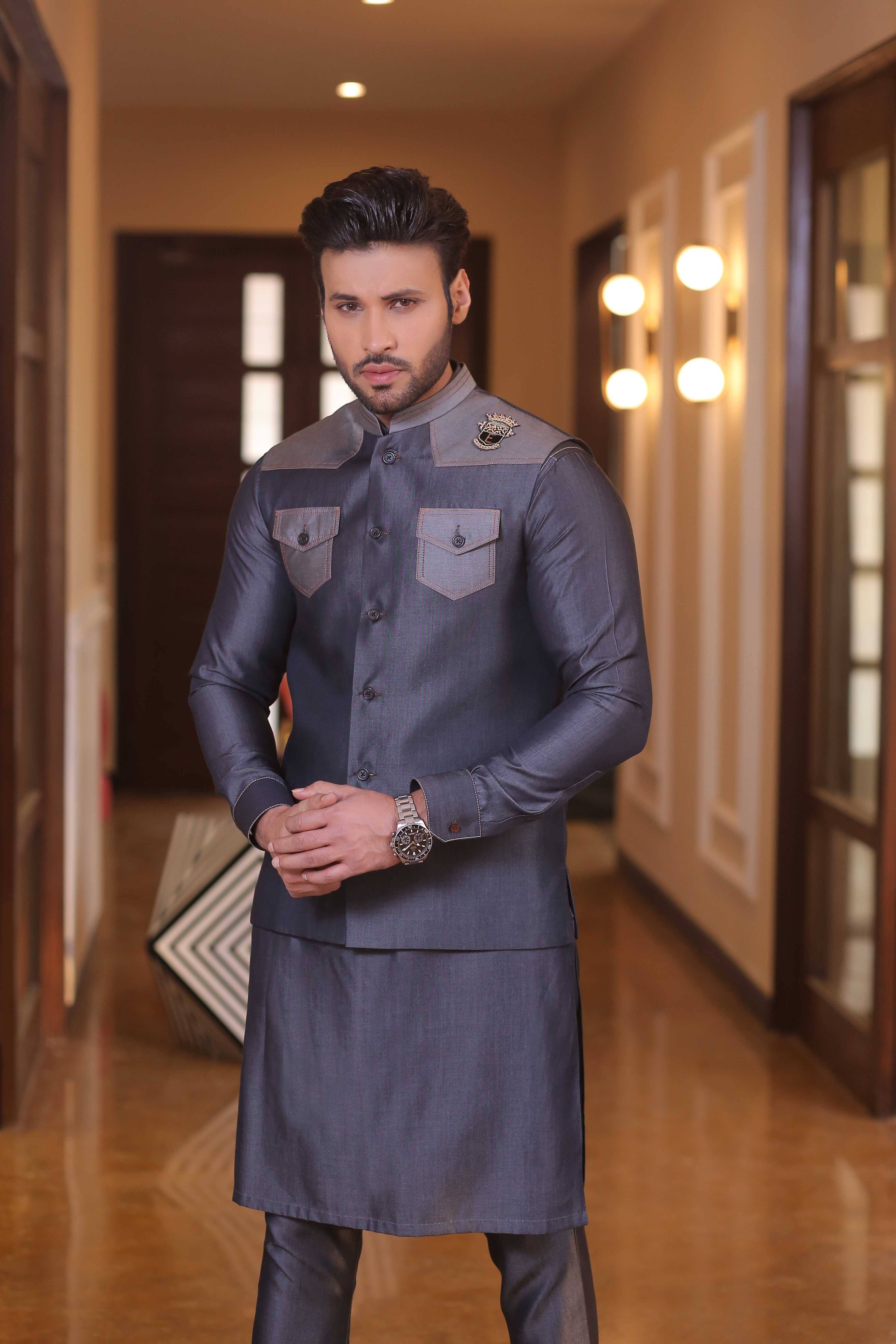 Slate Blue Contrast-Stitched Denim Waistcoat Kurta (3-Piece) - Image 3