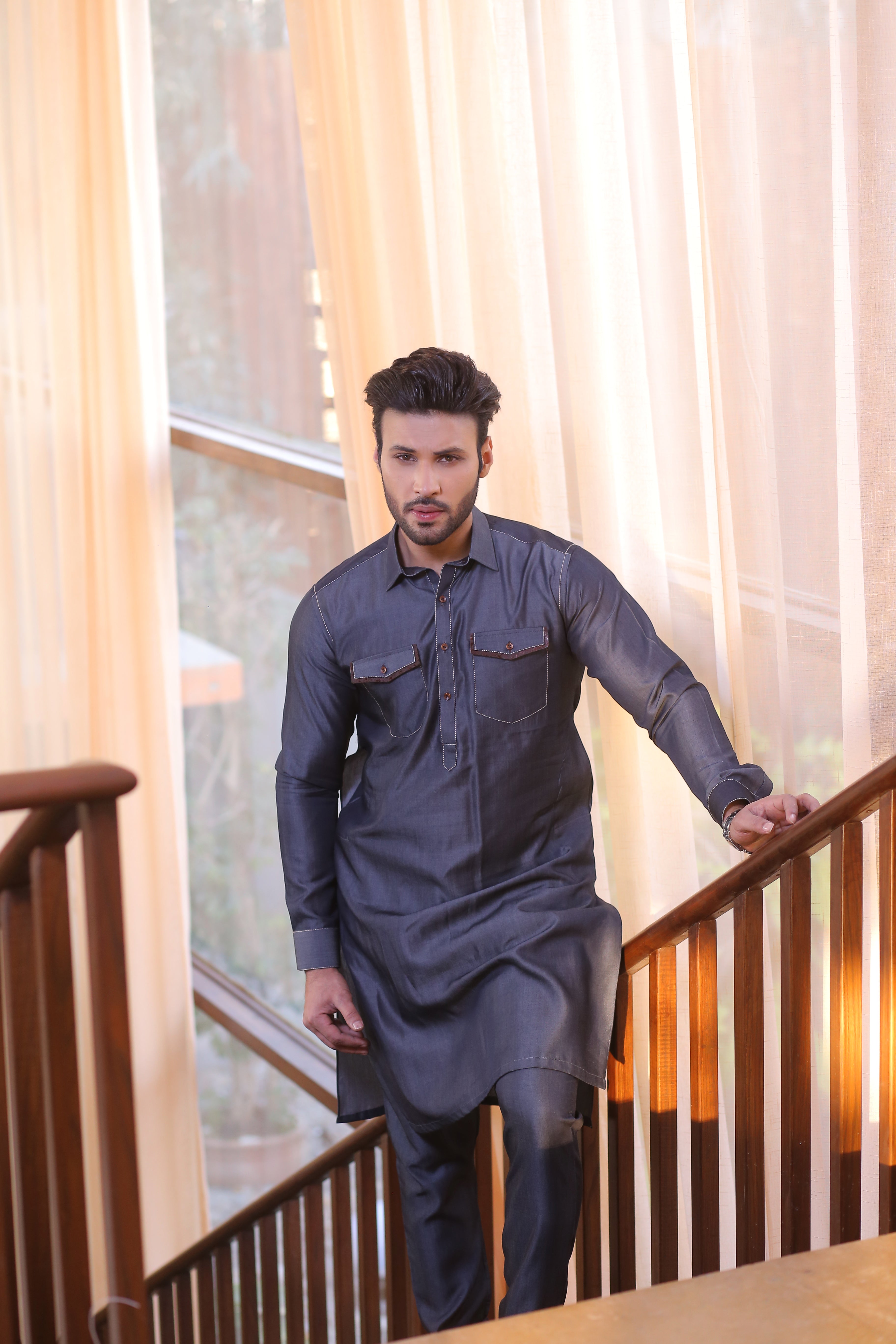 Slate Blue Contrast-Stitched Denim Waistcoat Kurta (3-Piece) - Image 4