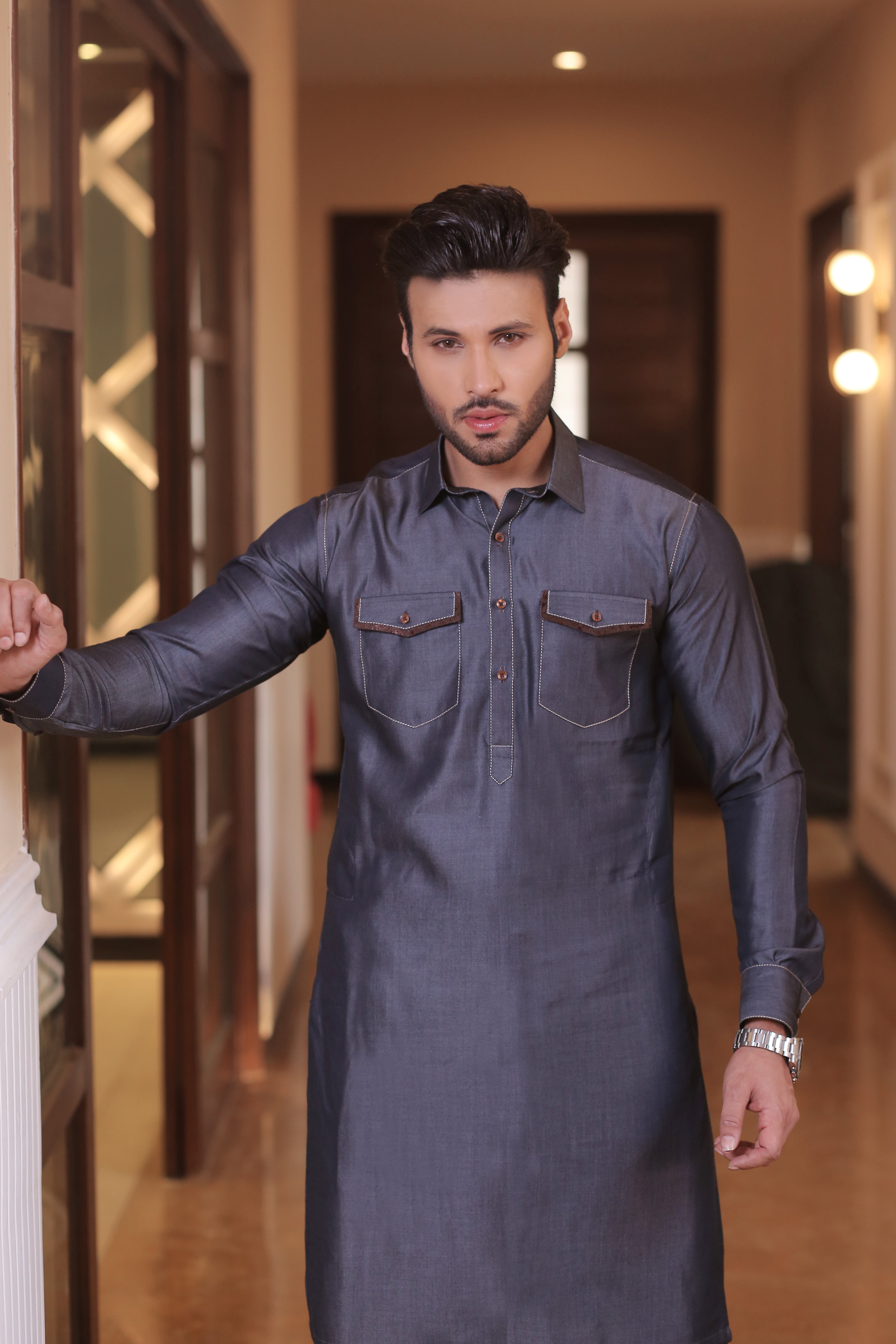 Slate Blue Contrast-Stitched Denim Waistcoat Kurta (3-Piece) - Image 5