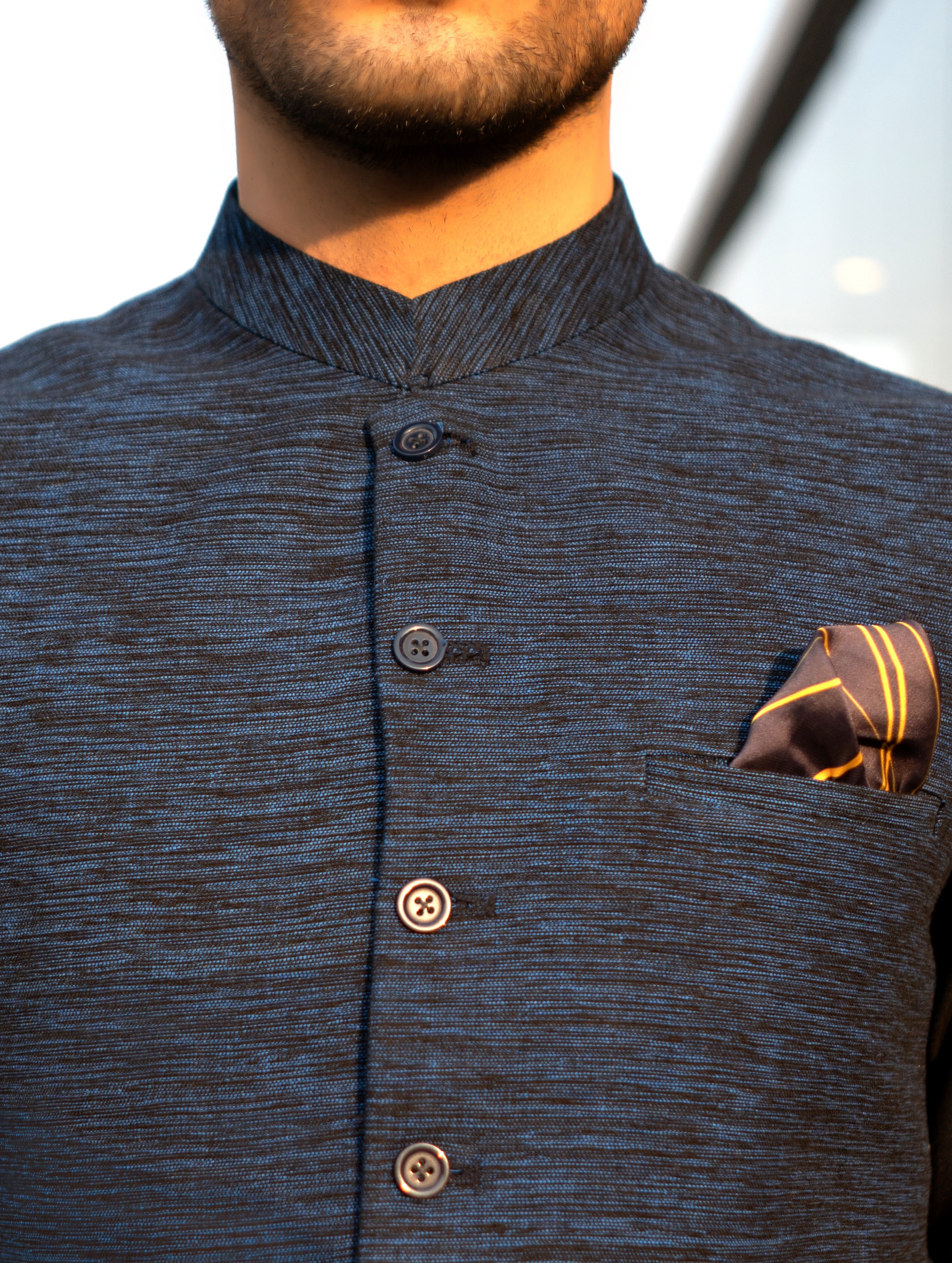 Deep Blue Handloomed Waistcoat Kurta Set (3-Piece) - Image 2