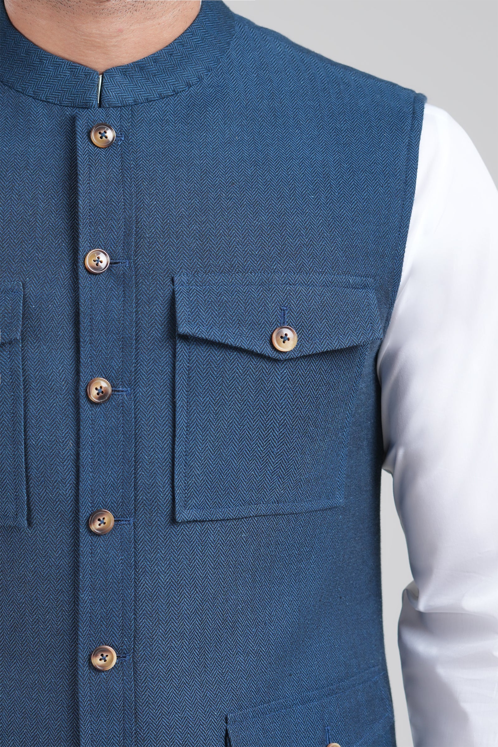 Light Blue Handloomed Cotton Waistcoat Kurta (3-Piece) - Image 1