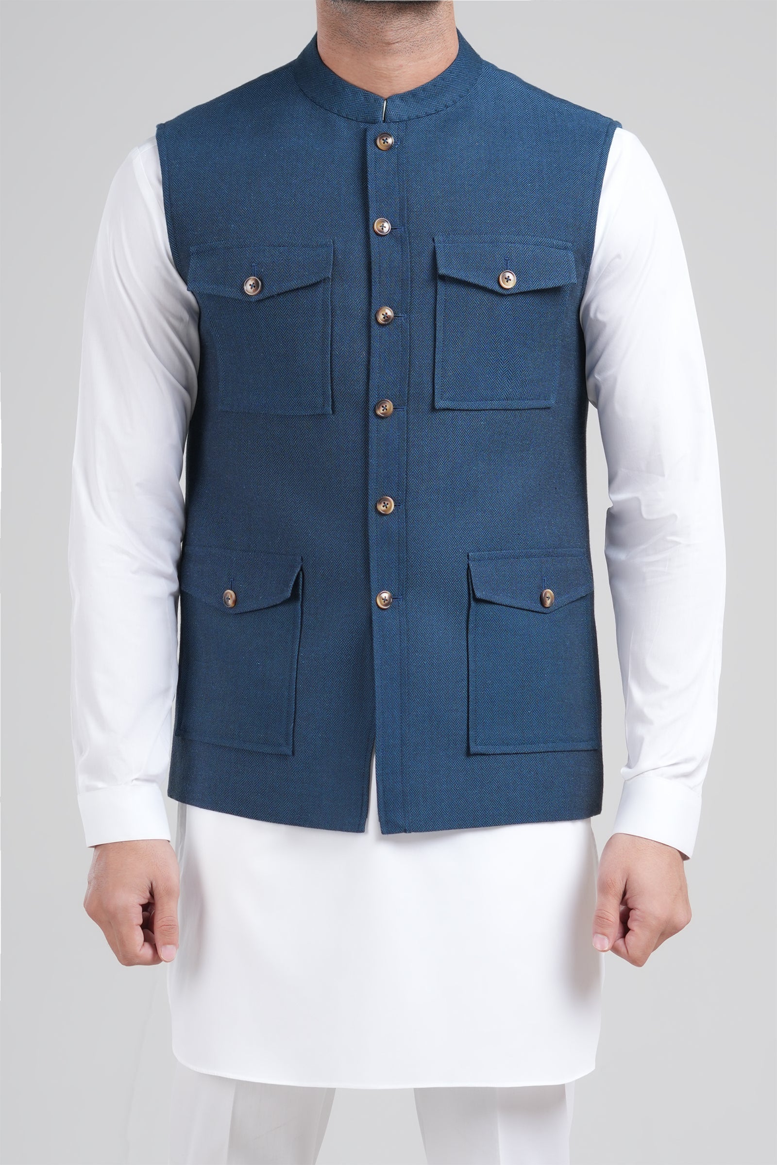 Light Blue Handloomed Cotton Waistcoat Kurta (3-Piece) - Image 2