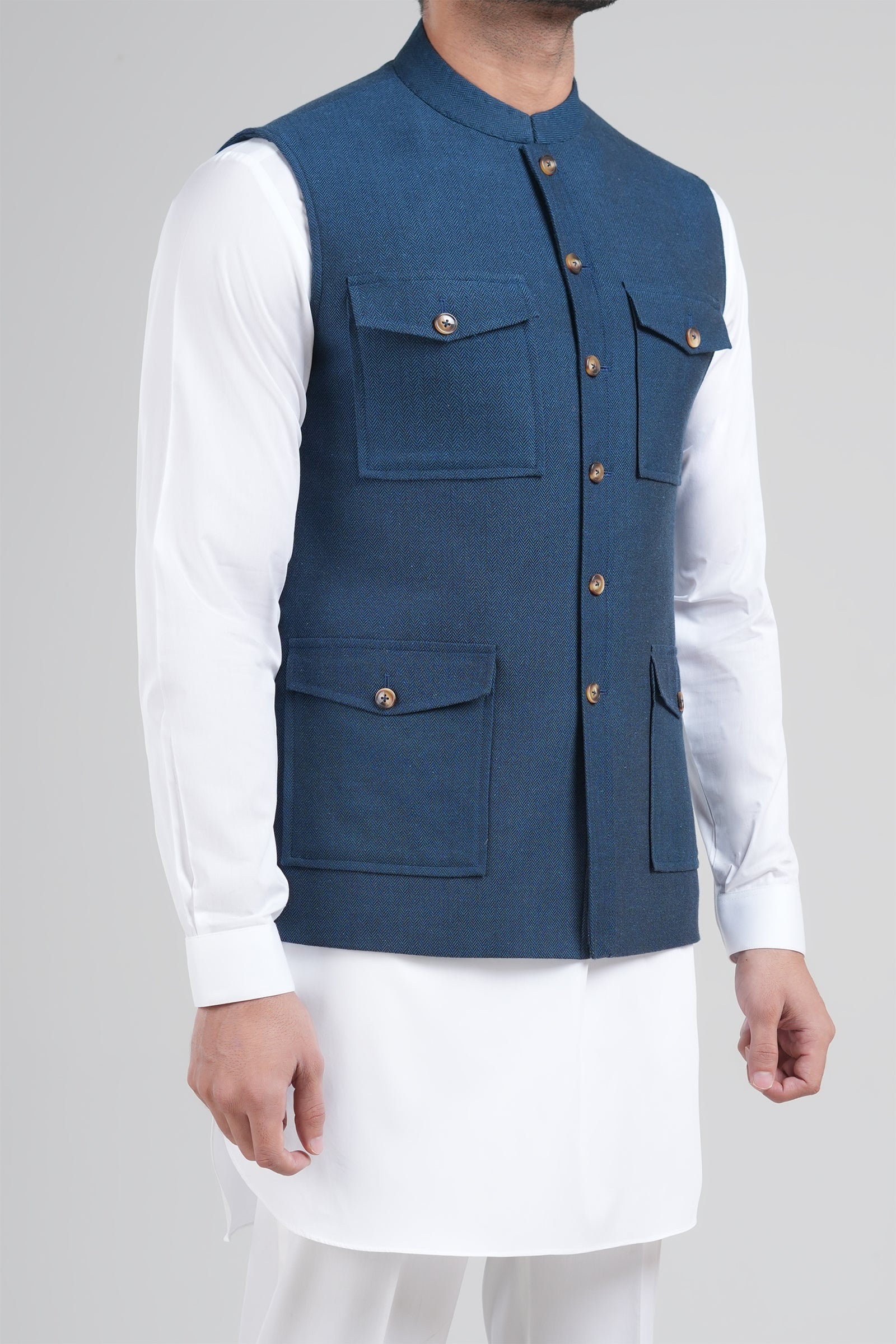 Light Blue Handloomed Cotton Waistcoat Kurta (3-Piece) - Image 3