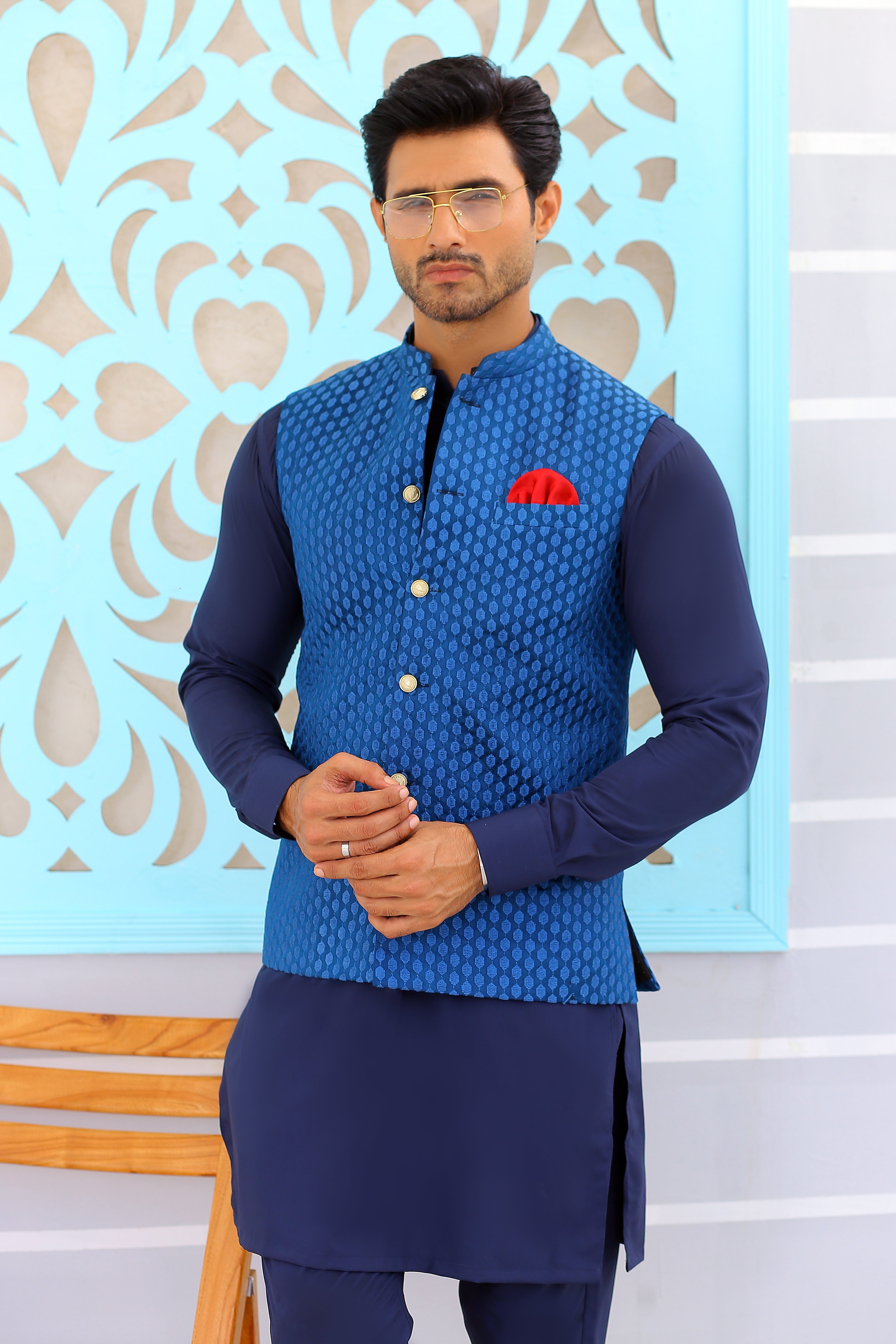 Blue Jacquard Waistcoat Kurta Set (3-Piece) - Image 1