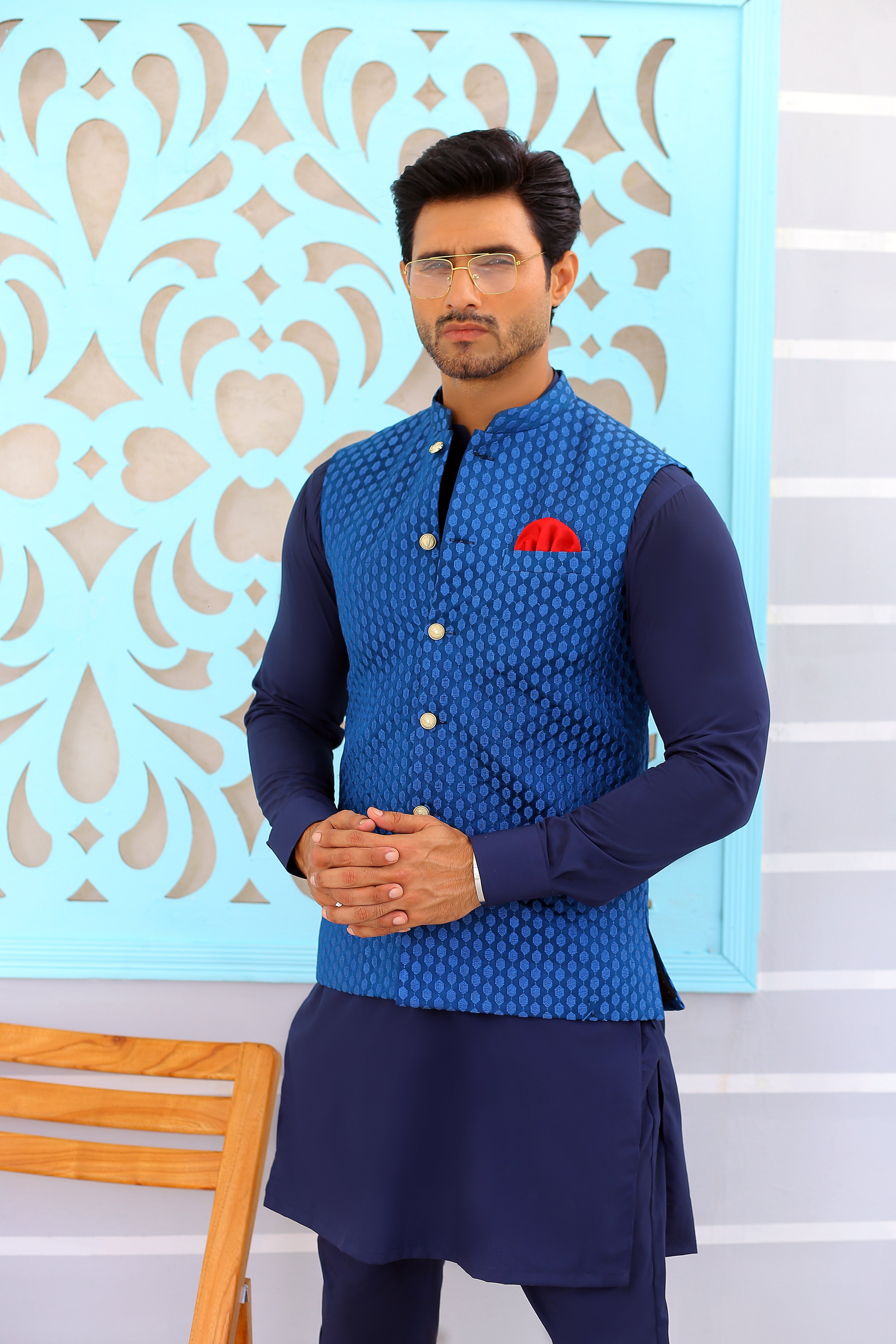 Blue Jacquard Waistcoat Kurta Set (3-Piece) - Image 2