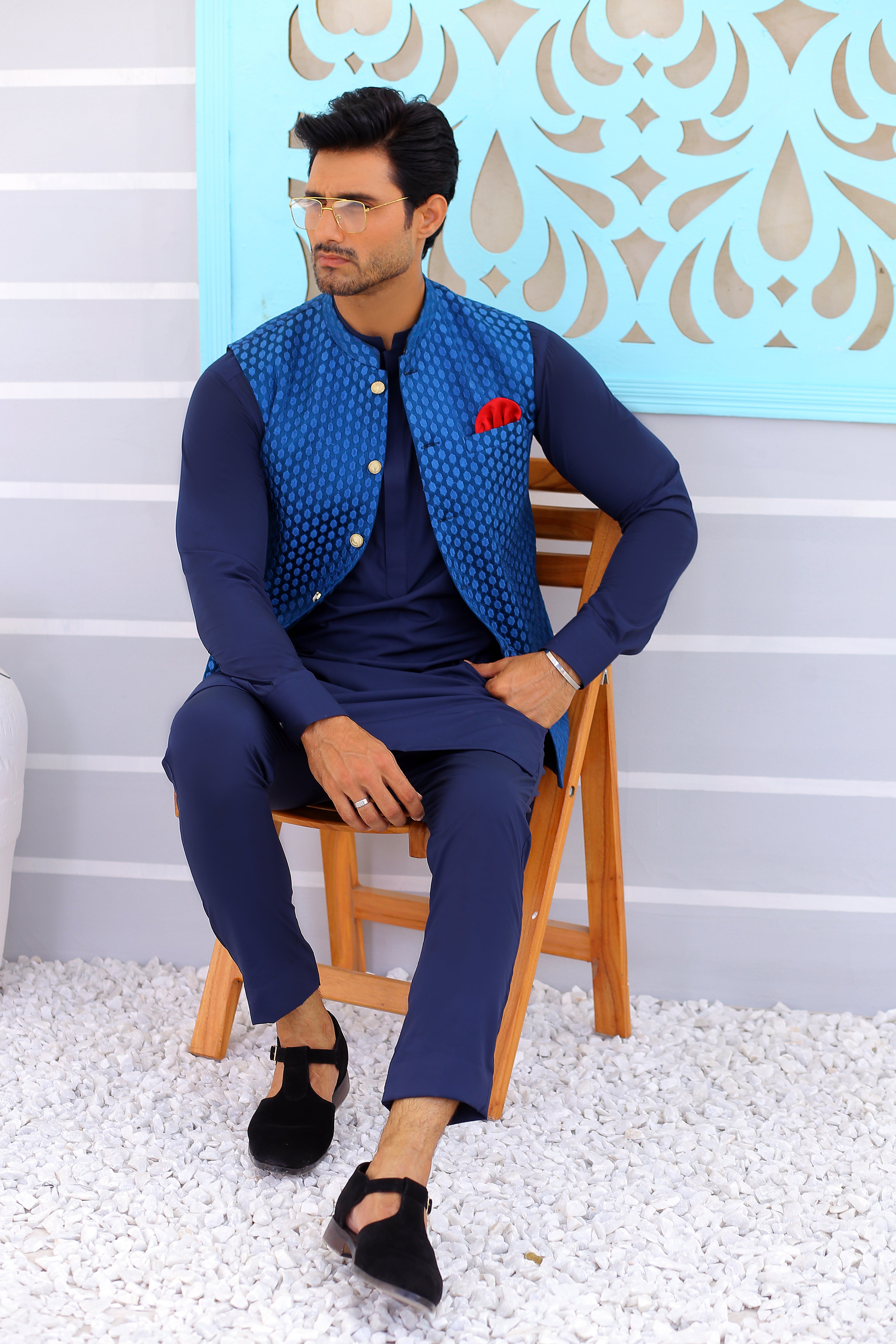 Blue Jacquard Waistcoat Kurta Set (3-Piece) - Image 3