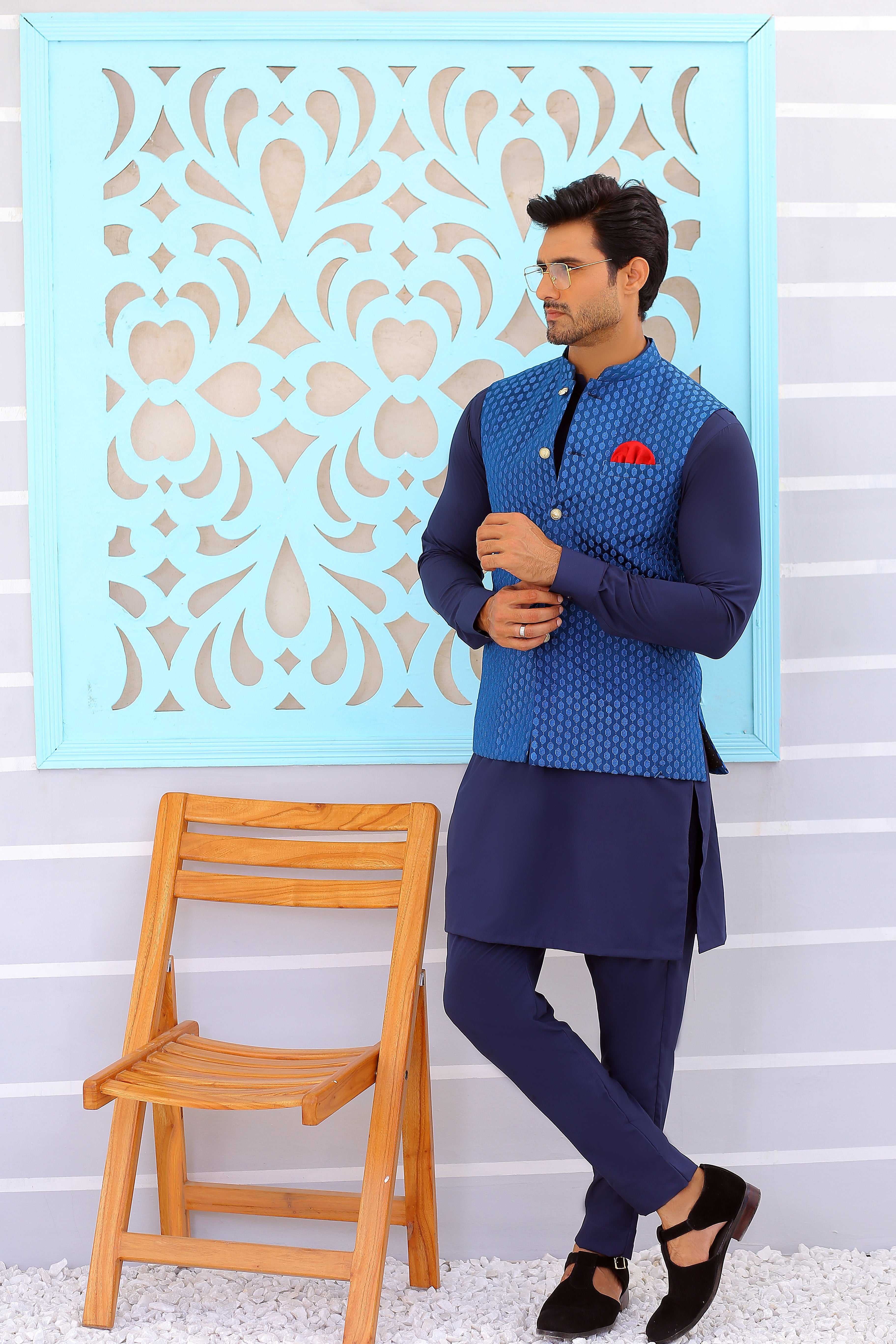 Blue Jacquard Waistcoat Kurta Set (3-Piece) - Image 4
