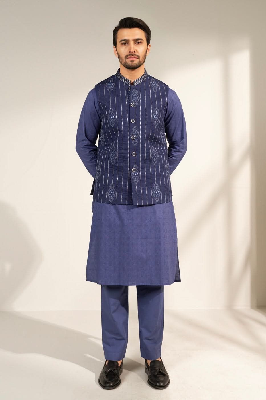 Deep Blue Embroidered Jacquard Waistcoat Kurta (3-Piece) - Image 1