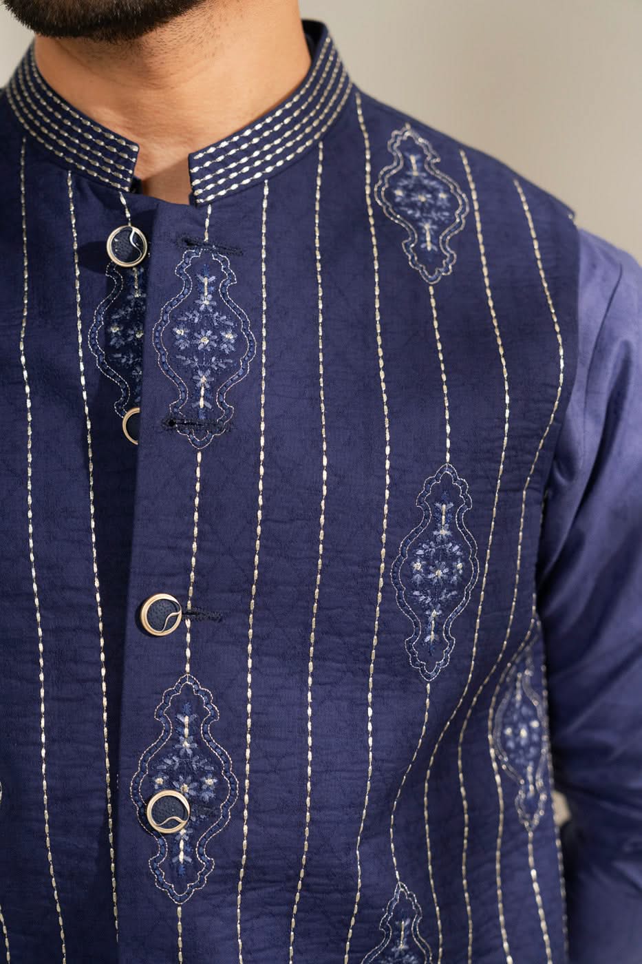 Deep Blue Embroidered Jacquard Waistcoat Kurta (3-Piece) - Image 3