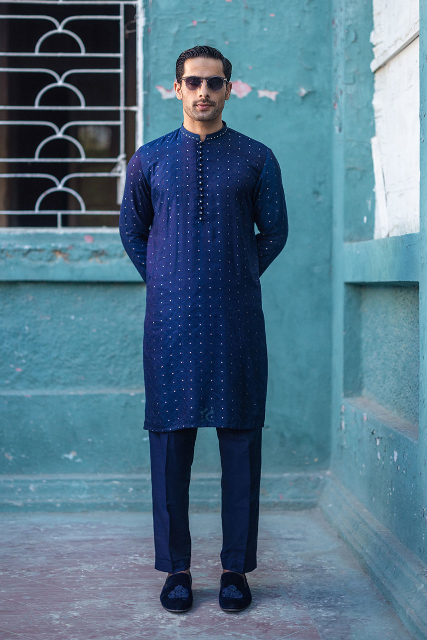 Royal Blue Jacquard Waistcoat Kurta (3-Piece) - Image 1
