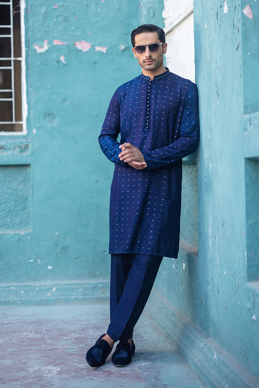 Royal Blue Jacquard Waistcoat Kurta (3-Piece) - Image 5