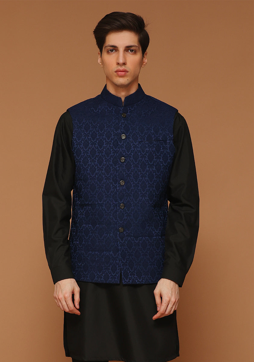 Outer Space Blue Woven Jamawar Waistcoat (3-Piece) - Image 2