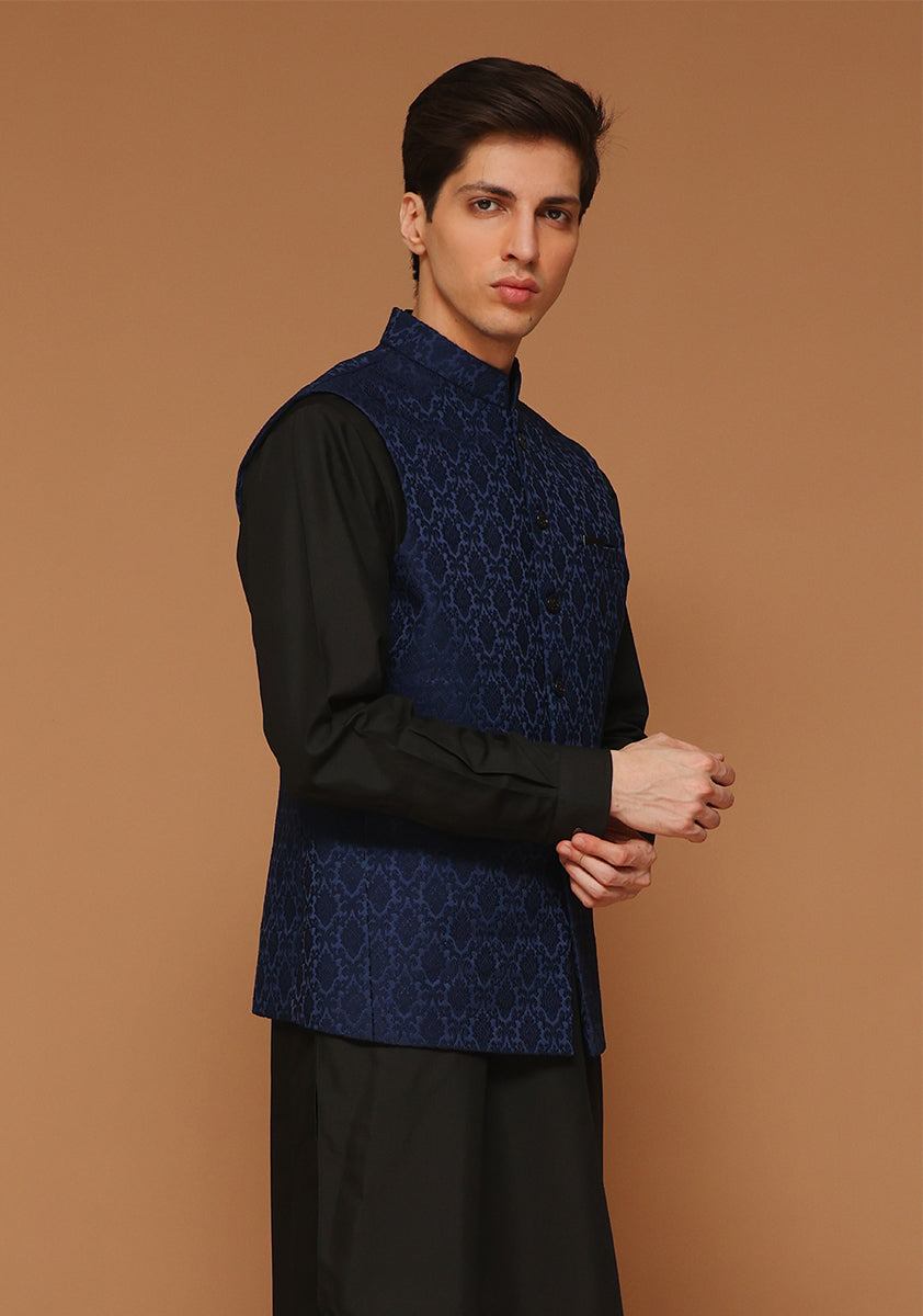 Outer Space Blue Woven Jamawar Waistcoat (3-Piece) - Image 3