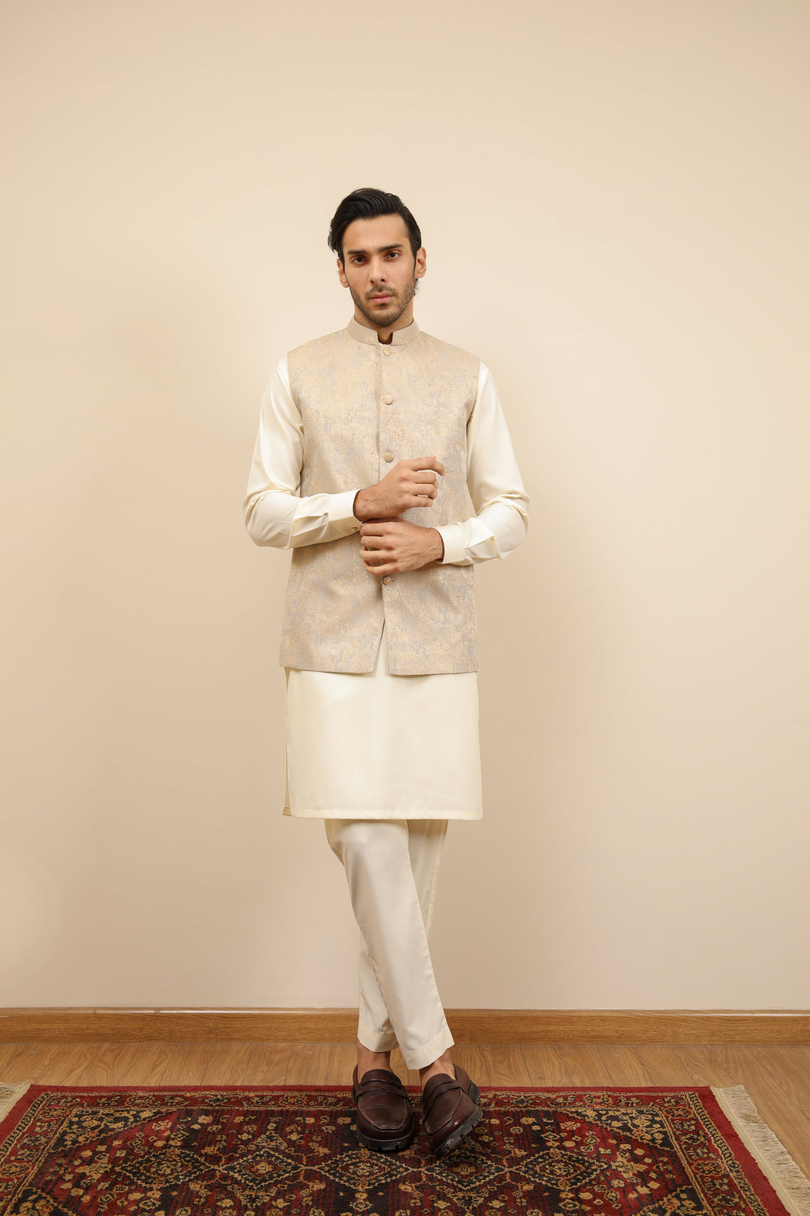 Blue Gold Jamawar Formal Waistcoat (3-Piece) - Image 4