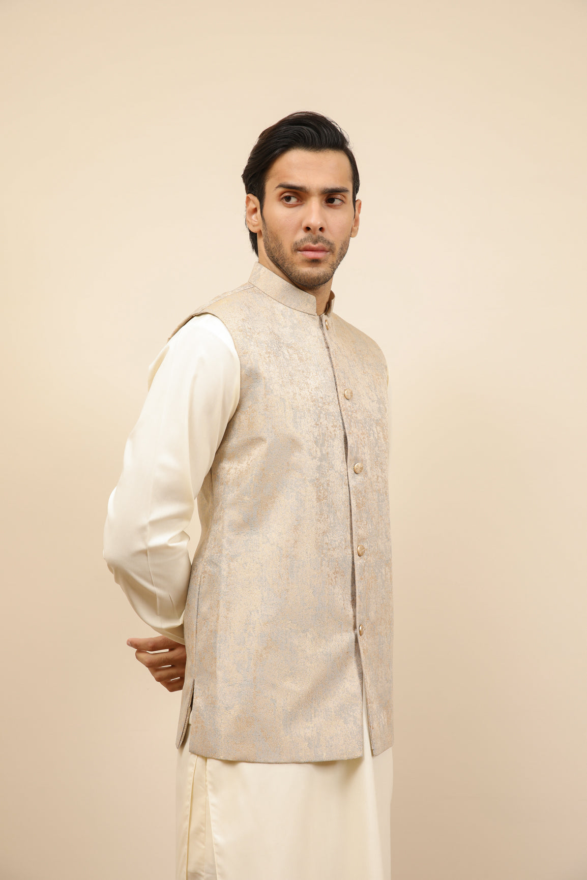 Blue Gold Jamawar Formal Waistcoat (3-Piece) - Image 7