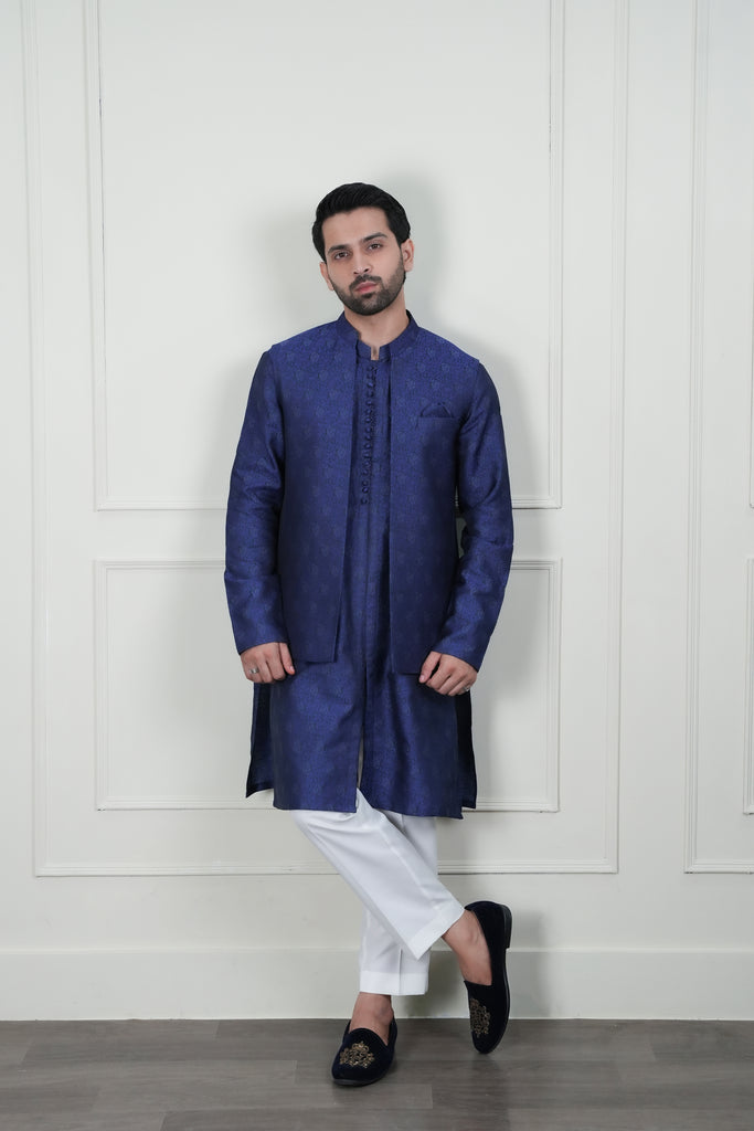 Blue Self Jamawar Waistcoat Kurta Pajama (3-Piece) - Image 1