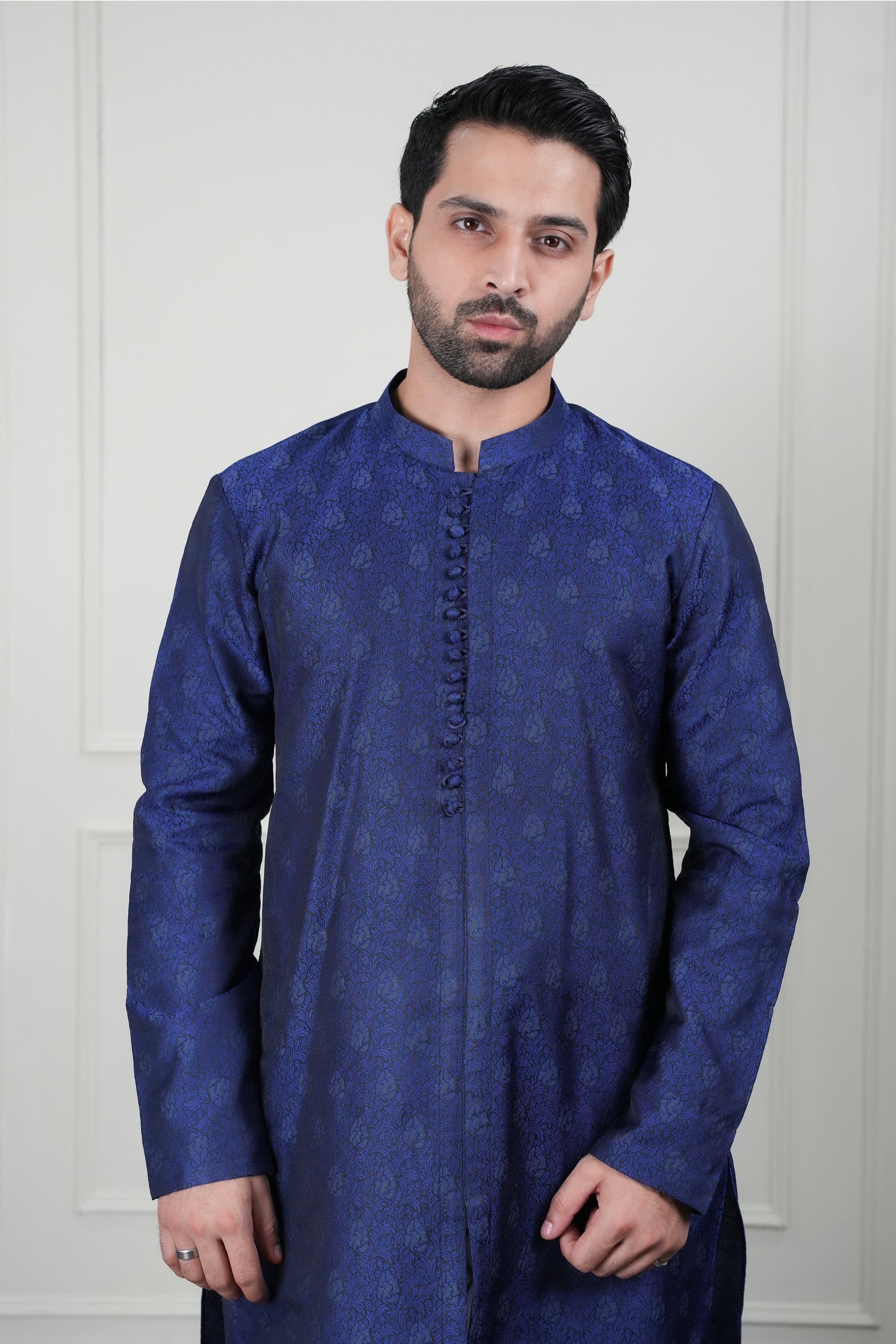 Blue Self Jamawar Waistcoat Kurta Pajama (3-Piece) - Image 5