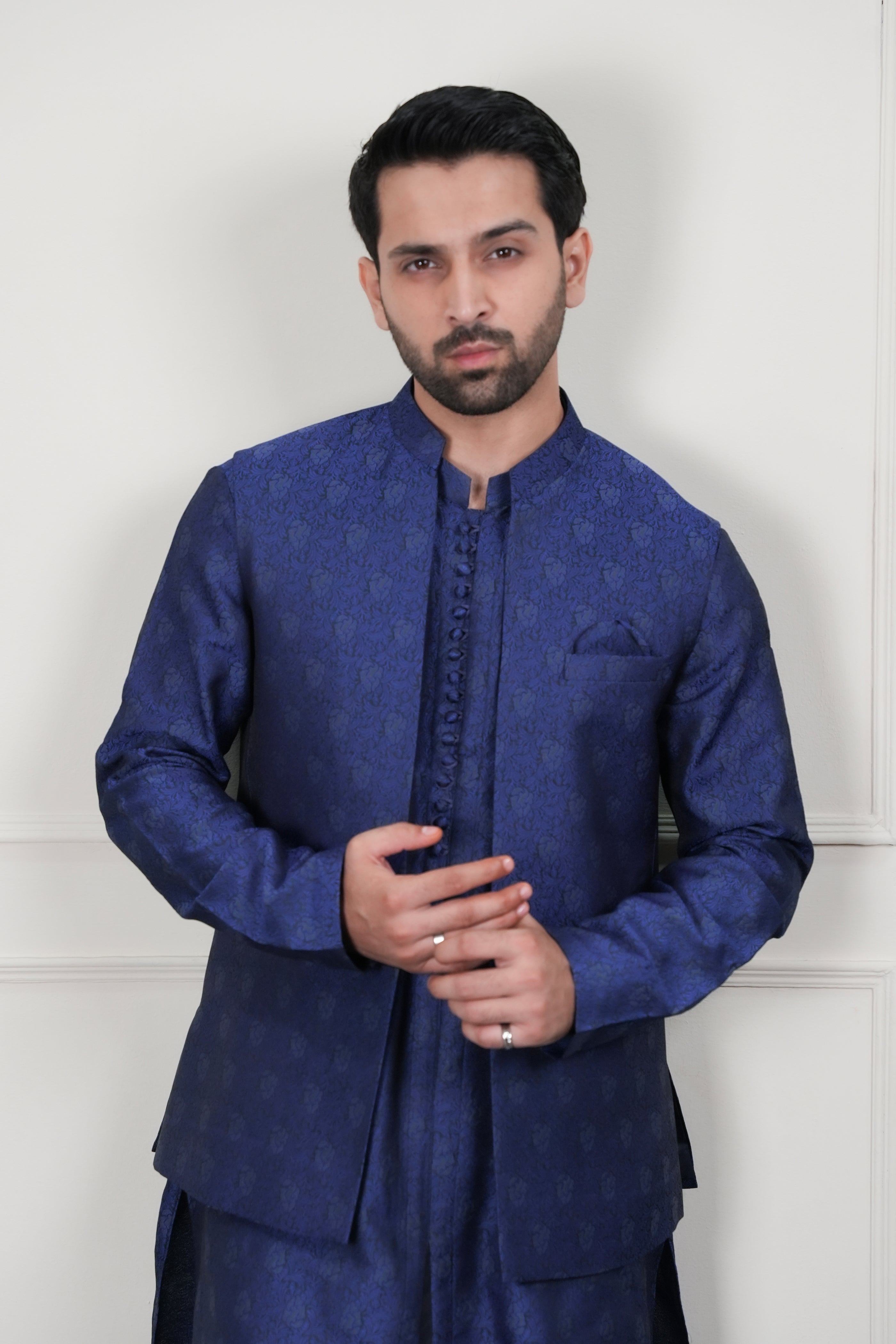 Blue Self Jamawar Waistcoat Kurta Pajama (3-Piece) - Image 6