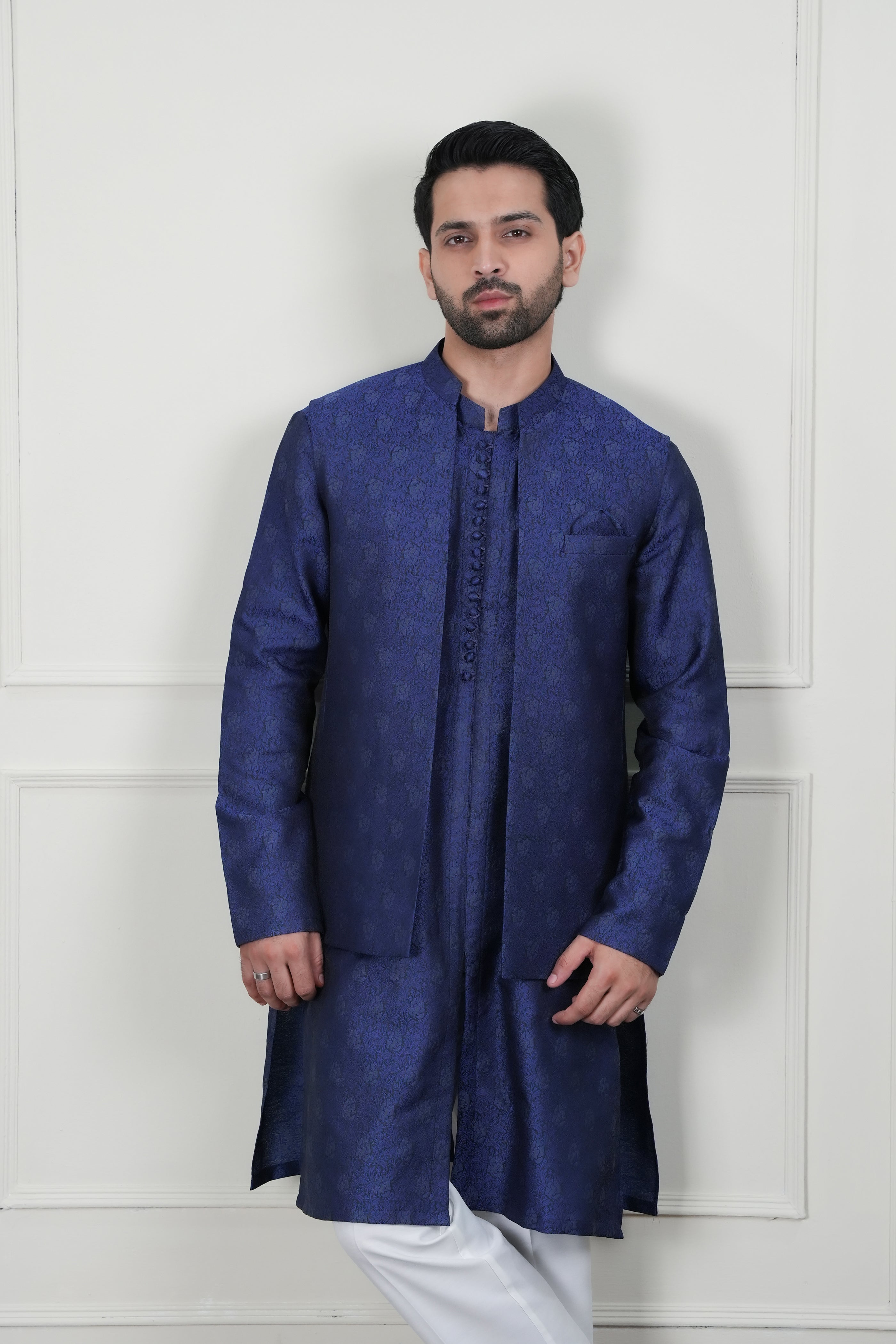 Blue Self Jamawar Waistcoat Kurta Pajama (3-Piece) - Image 7