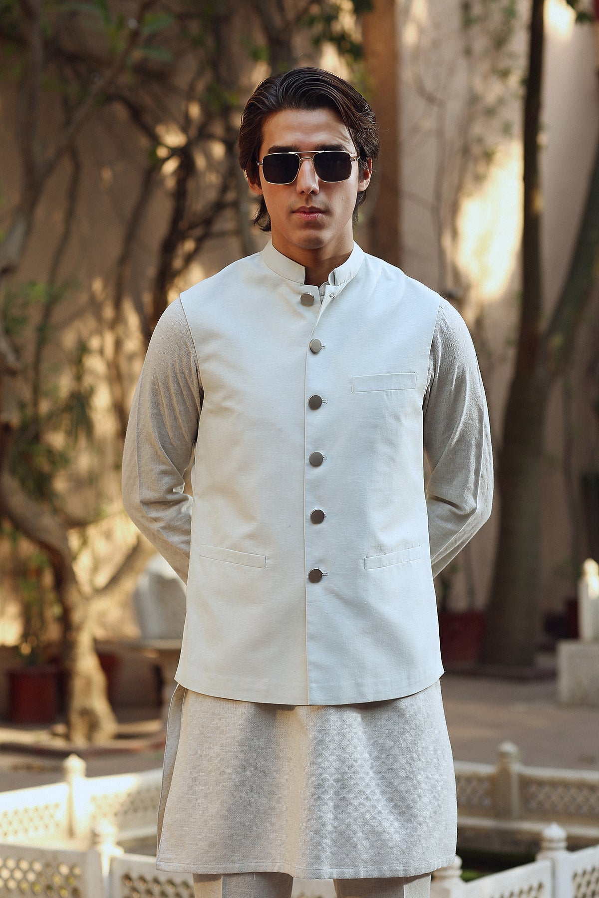 Sky Blue Karandi Waistcoat Kurta Set (3-Piece) - Image 1