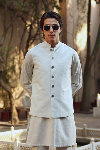 Sky Blue Karandi Waistcoat Kurta Set (3-Piece) - Image 2