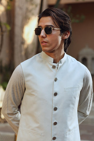 Sky Blue Karandi Waistcoat Kurta Set (3-Piece) - Image 4