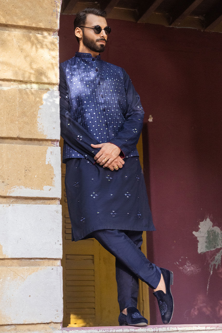 Deep Navy Blue Mirror Work Khaddi Silk Waistcoat Kurta (3-Piece) - Image 1