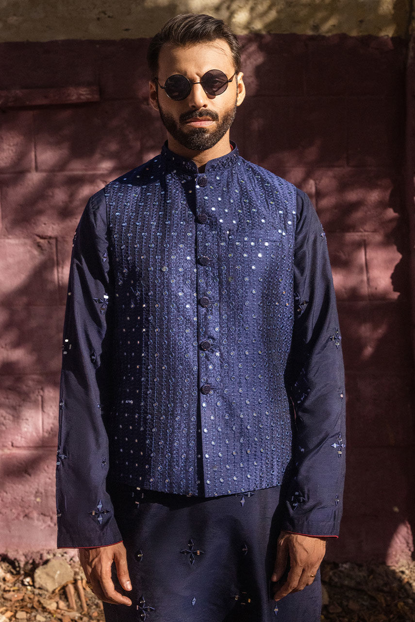 Deep Navy Blue Mirror Work Khaddi Silk Waistcoat Kurta (3-Piece) - Image 2