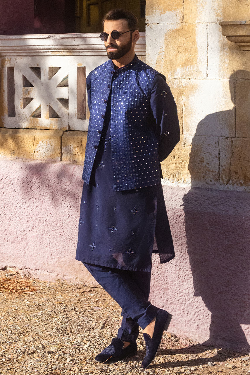Deep Navy Blue Mirror Work Khaddi Silk Waistcoat Kurta (3-Piece) - Image 3