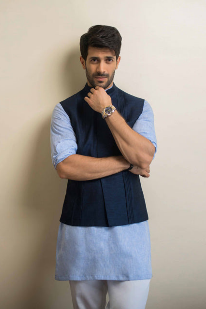 Light Blue Linen Waistcoat Kurta Set (3-Piece) - Image 1