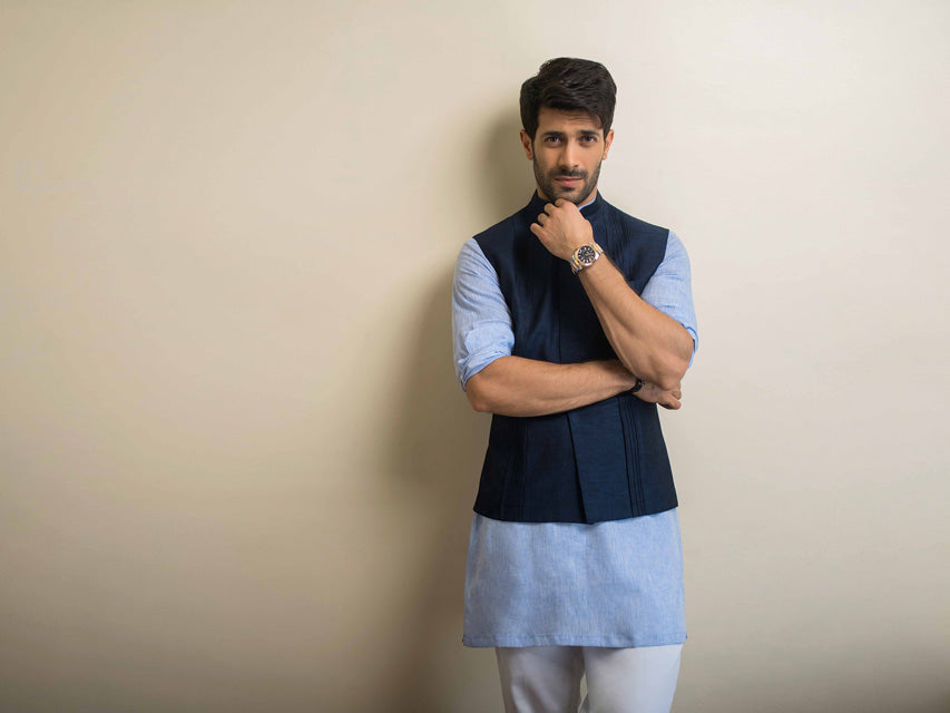 Light Blue Linen Waistcoat Kurta Set (3-Piece) - Image 2