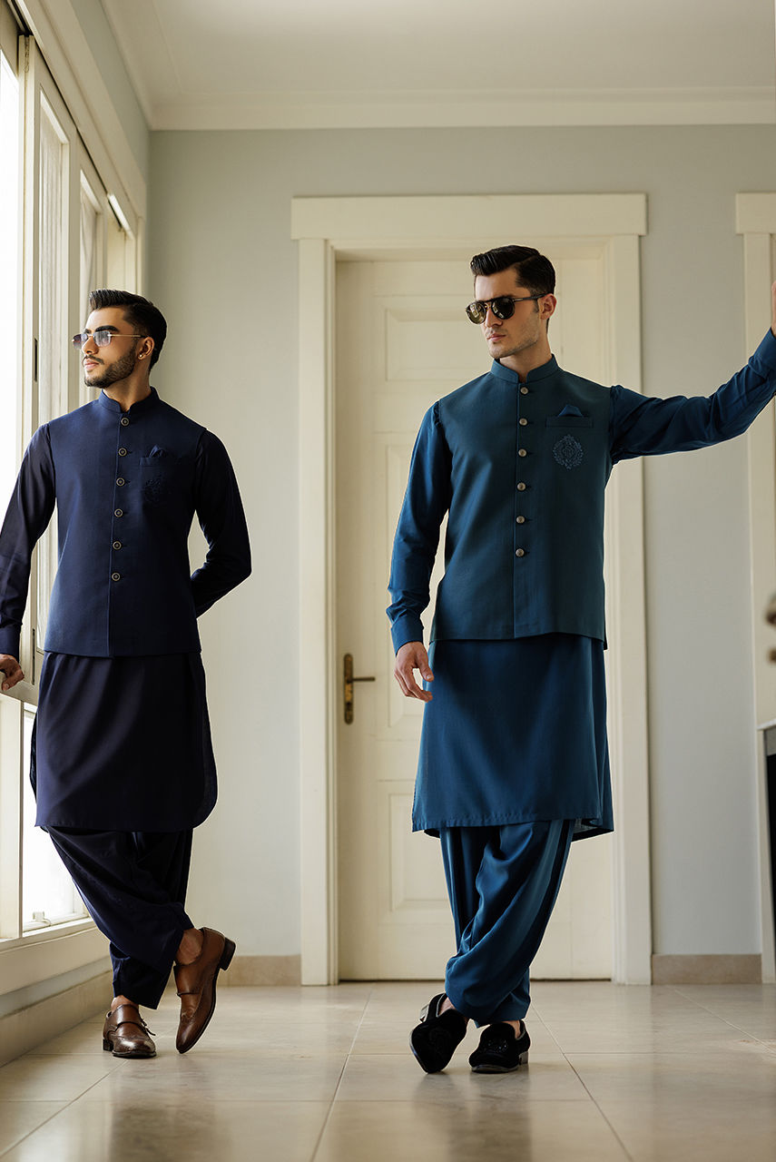Deep Blue Thread Embroidered Boski Linen Waistcoat Kurta (3-Piece) - Image 6
