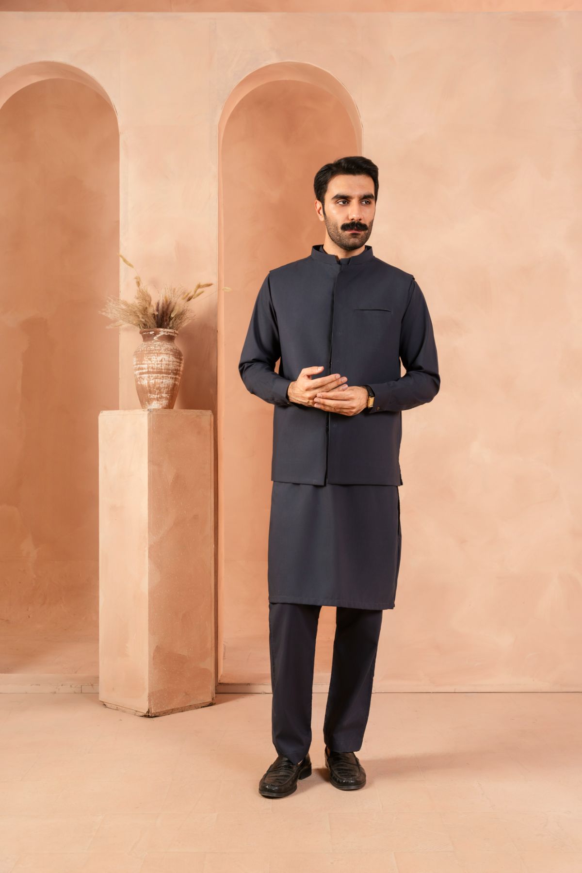 Twilight Blue Luxury Cotton Waistcoat Kurta Set (3-Piece) - Image 1