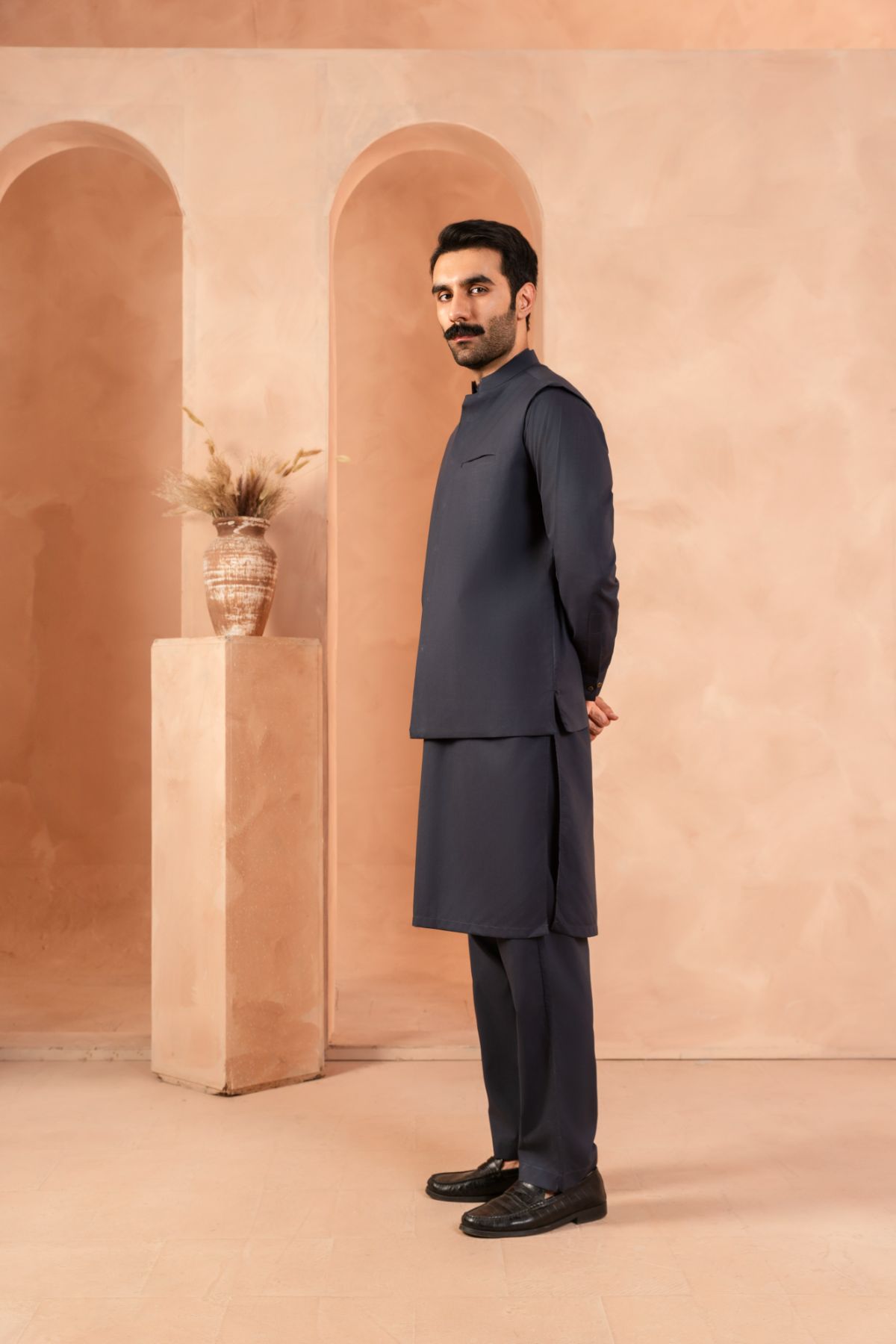 Twilight Blue Luxury Cotton Waistcoat Kurta Set (3-Piece) - Image 2