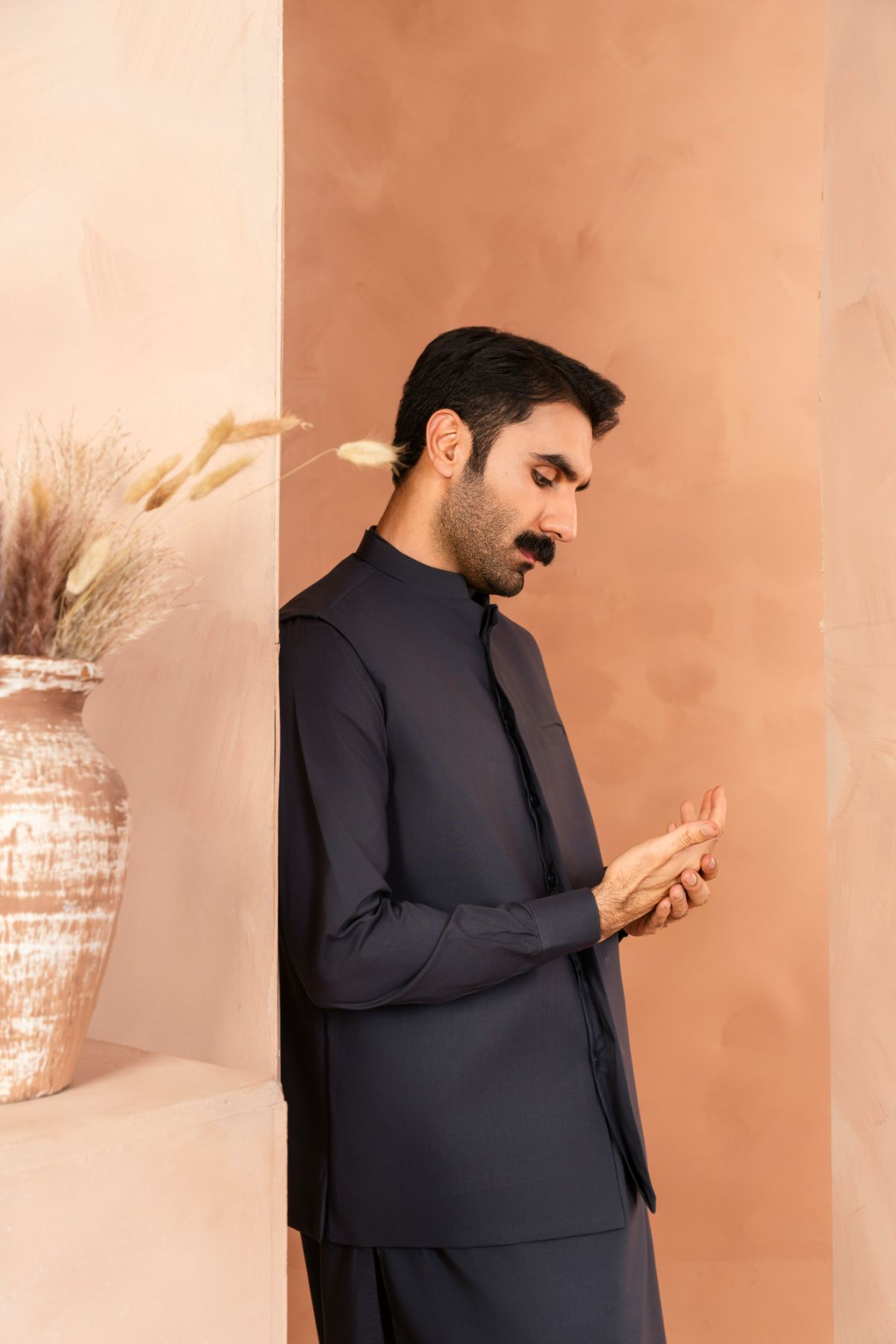 Twilight Blue Luxury Cotton Waistcoat Kurta Set (3-Piece) - Image 3