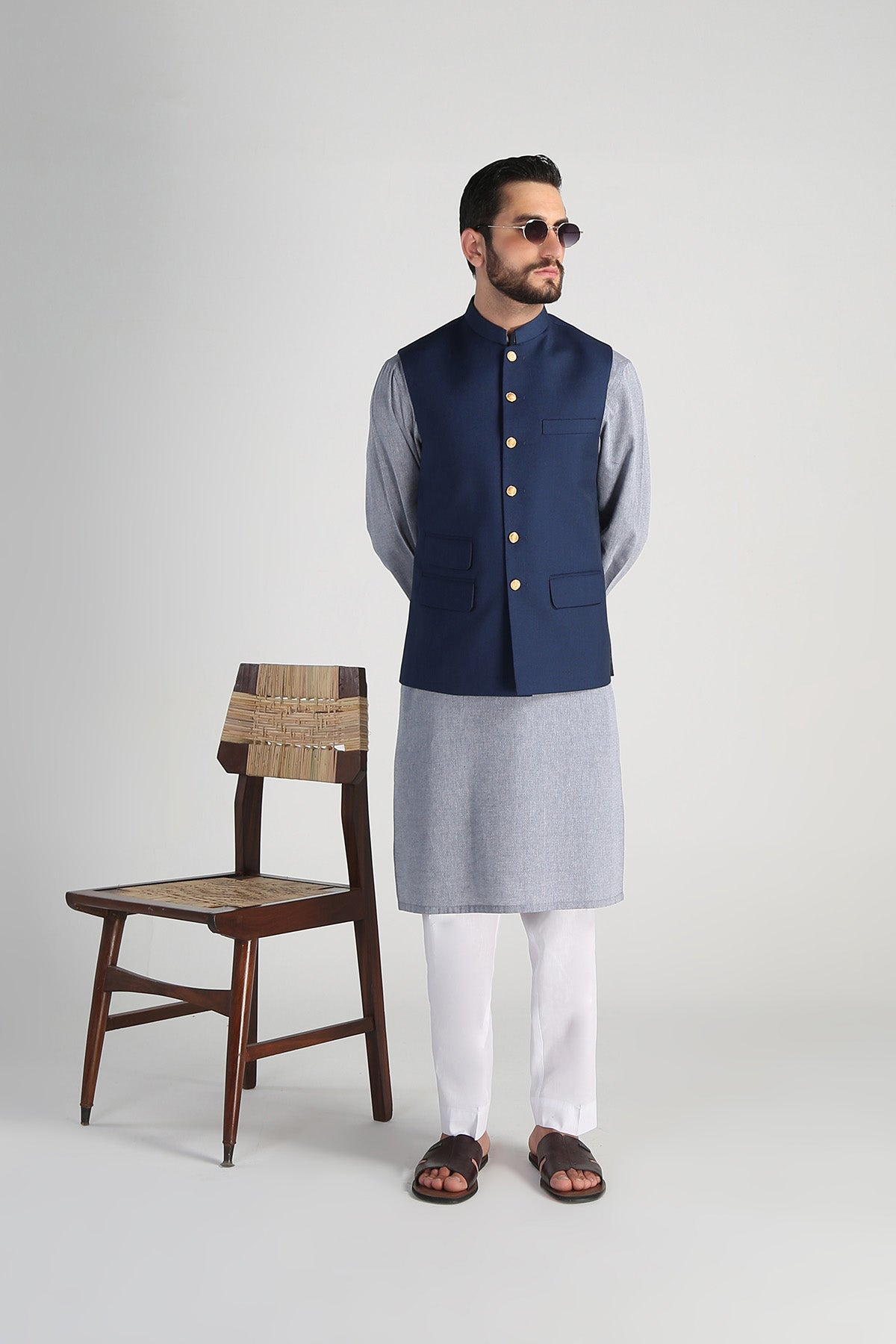 Deep Blue Textured Poly Reyan Waistcoat (3-Piece) - Image 1