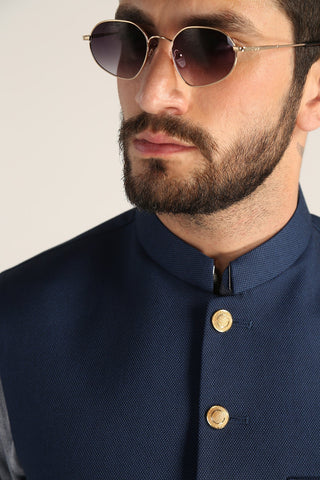 Deep Blue Textured Poly Reyan Waistcoat (3-Piece) - Image 2