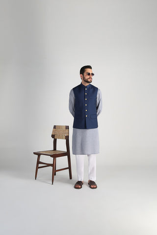 Deep Blue Textured Poly Reyan Waistcoat (3-Piece) - Image 4