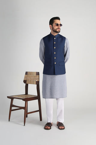 Deep Blue Textured Poly Reyan Waistcoat (3-Piece) - Image 5