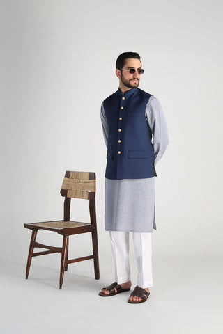 Deep Blue Textured Poly Reyan Waistcoat (3-Piece) - Image 6