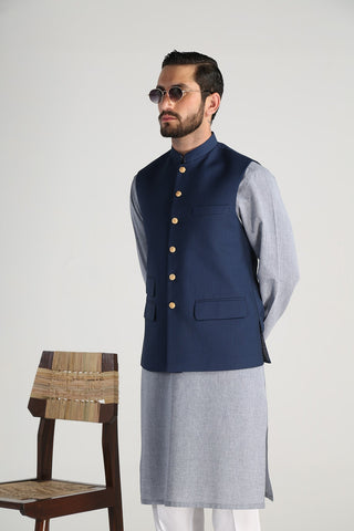 Deep Blue Textured Poly Reyan Waistcoat (3-Piece) - Image 7