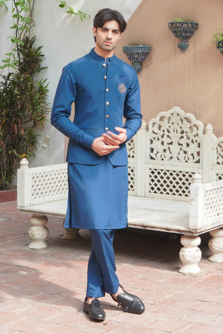 Zinc Blue Embroidered Poly Viscose Waistcoat Kurta (3-Piece) - Image 1