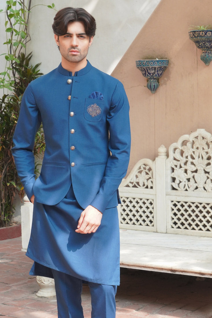 Zinc Blue Embroidered Poly Viscose Waistcoat Kurta (3-Piece) - Image 2