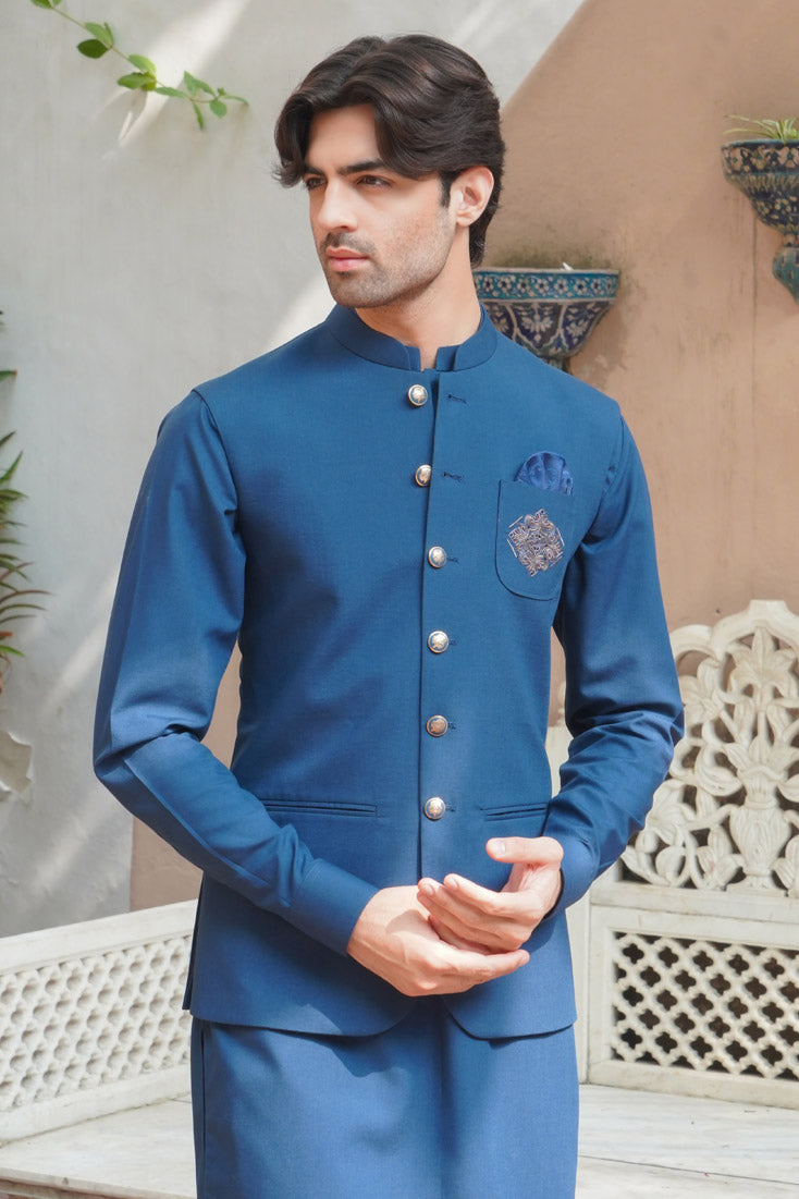 Zinc Blue Embroidered Poly Viscose Waistcoat Kurta (3-Piece) - Image 3