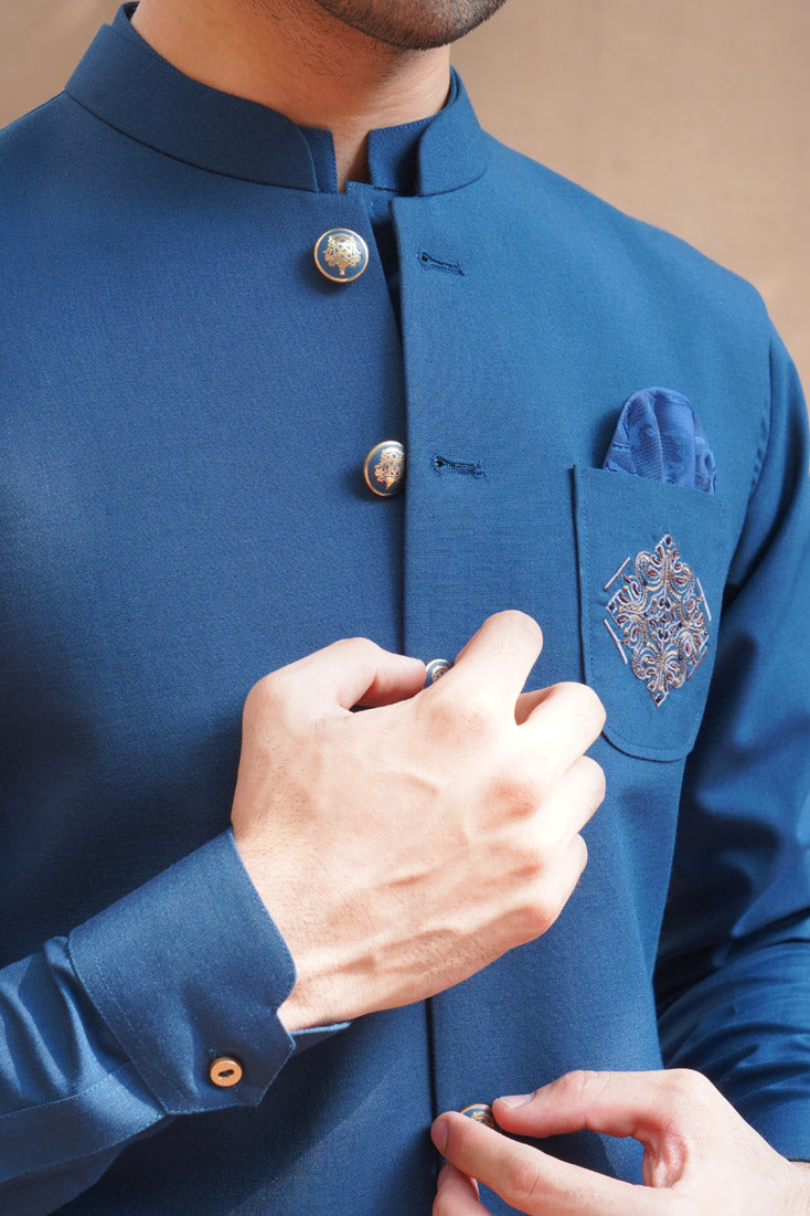 Zinc Blue Embroidered Poly Viscose Waistcoat Kurta (3-Piece) - Image 4