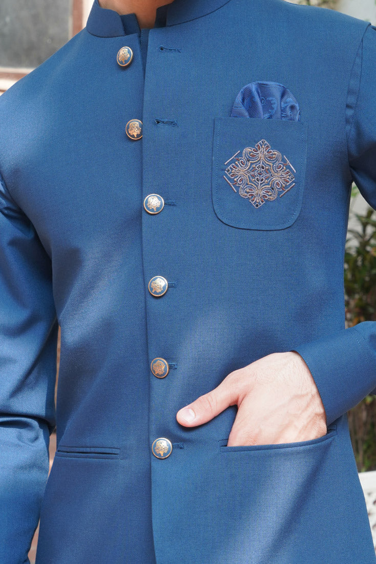 Zinc Blue Embroidered Poly Viscose Waistcoat Kurta (3-Piece) - Image 5