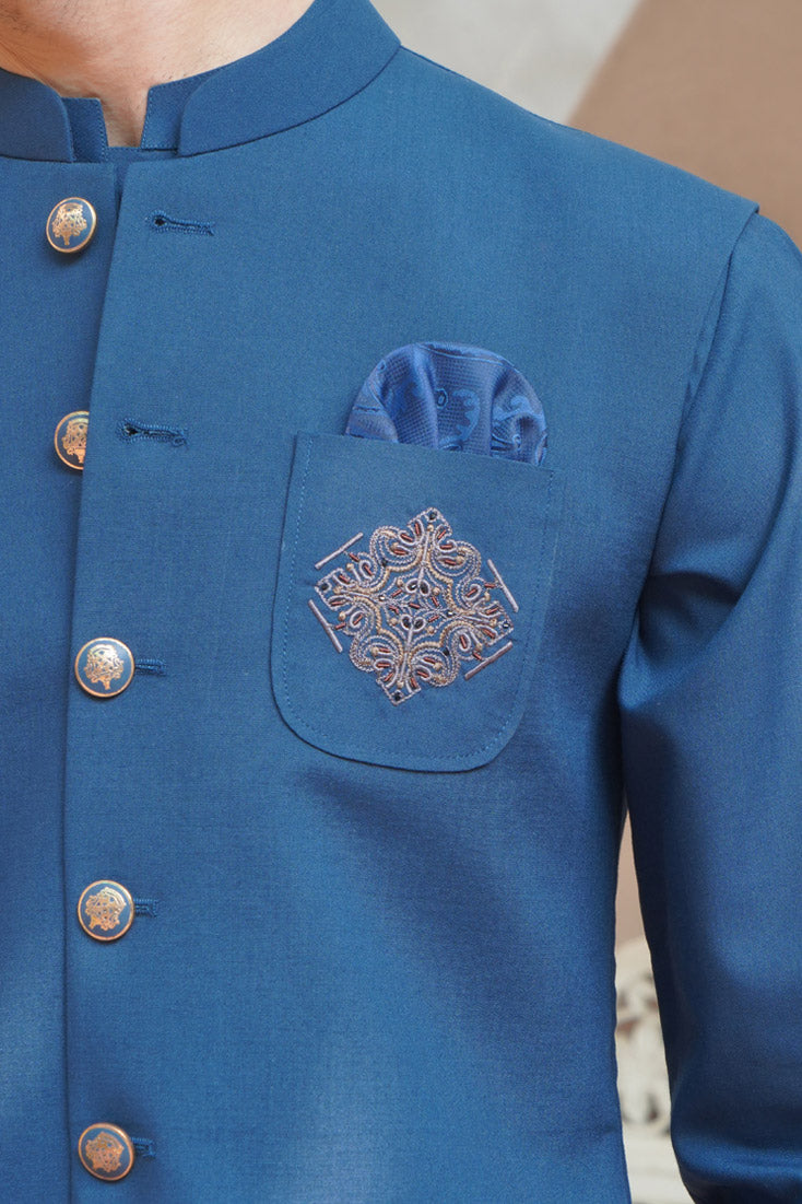 Zinc Blue Embroidered Poly Viscose Waistcoat Kurta (3-Piece) - Image 7