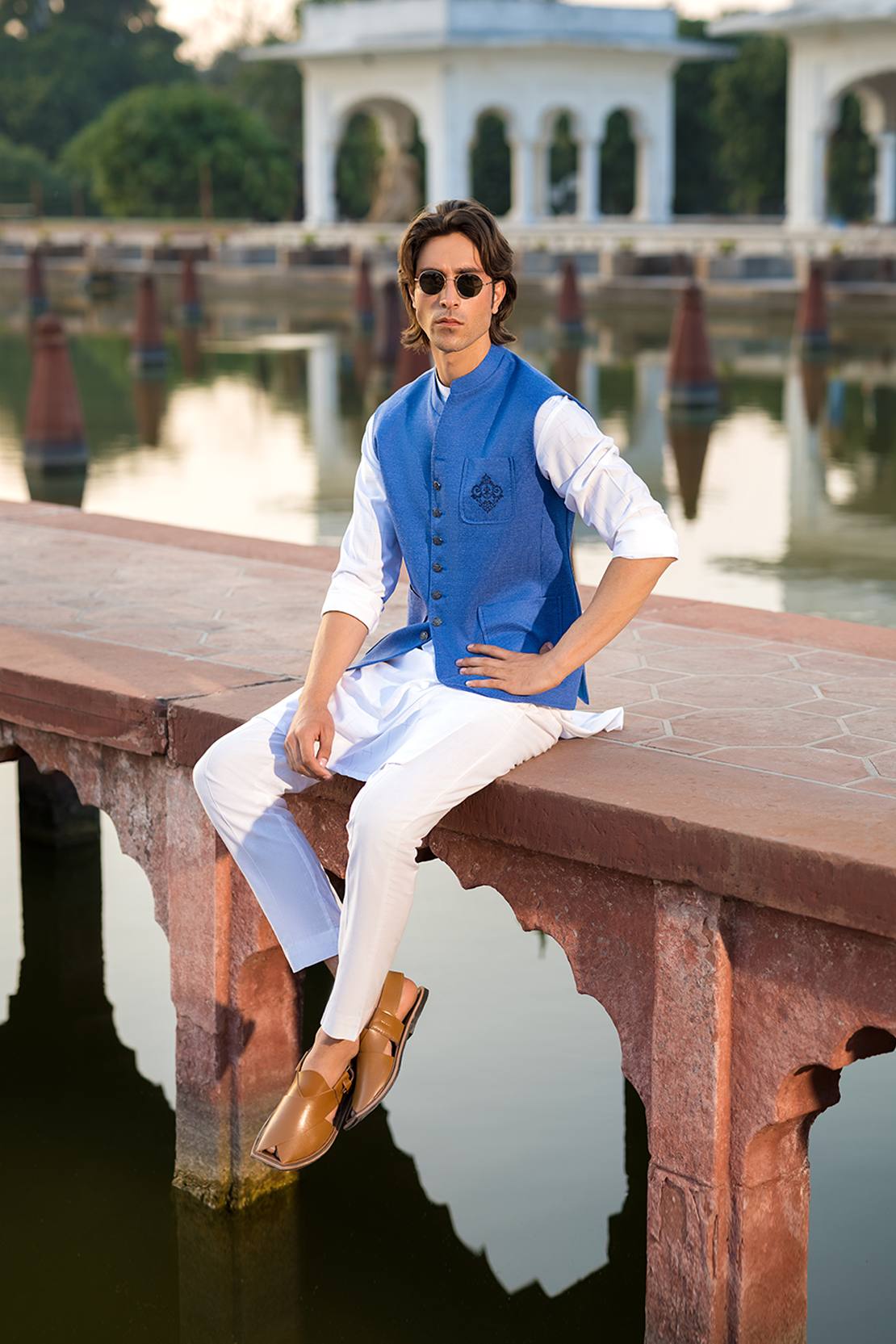 Royal Blue Embroidered Poly Viscose Waistcoat (3-Piece) - Image 2