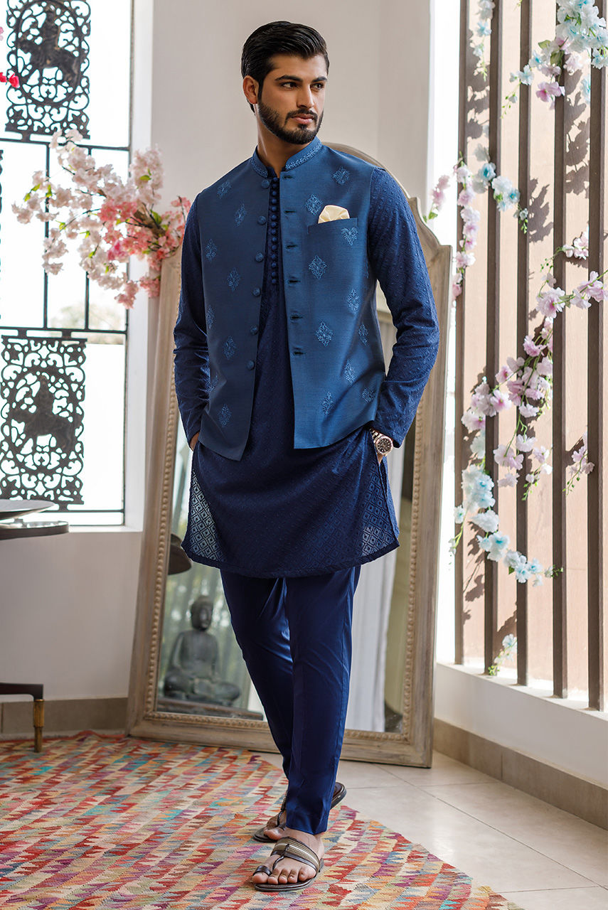 Blue Embroidered Raw Silk Waistcoat (1-Pc) - Image 10