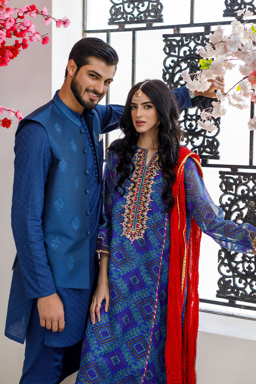 Blue Embroidered Raw Silk Waistcoat (1-Pc) - Image 18
